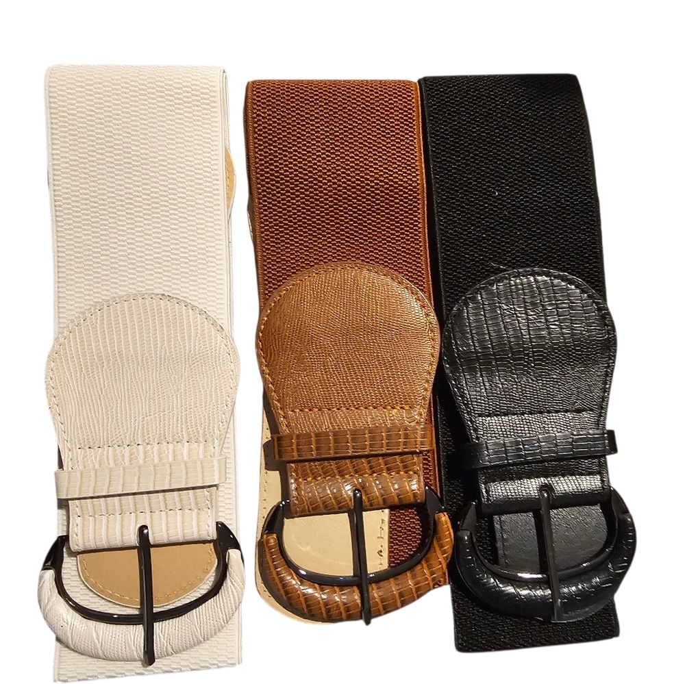 3 Pc Womens Wide Elastic stretch woven Brown Black Tan belt sz 40" M